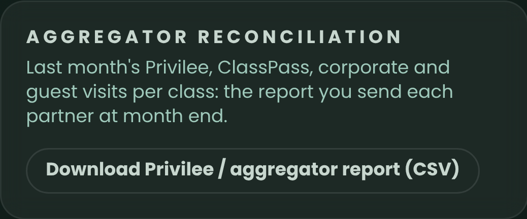 The aggregator reconciliation card with a button to download the Privilee and aggregator report as a CSV.
