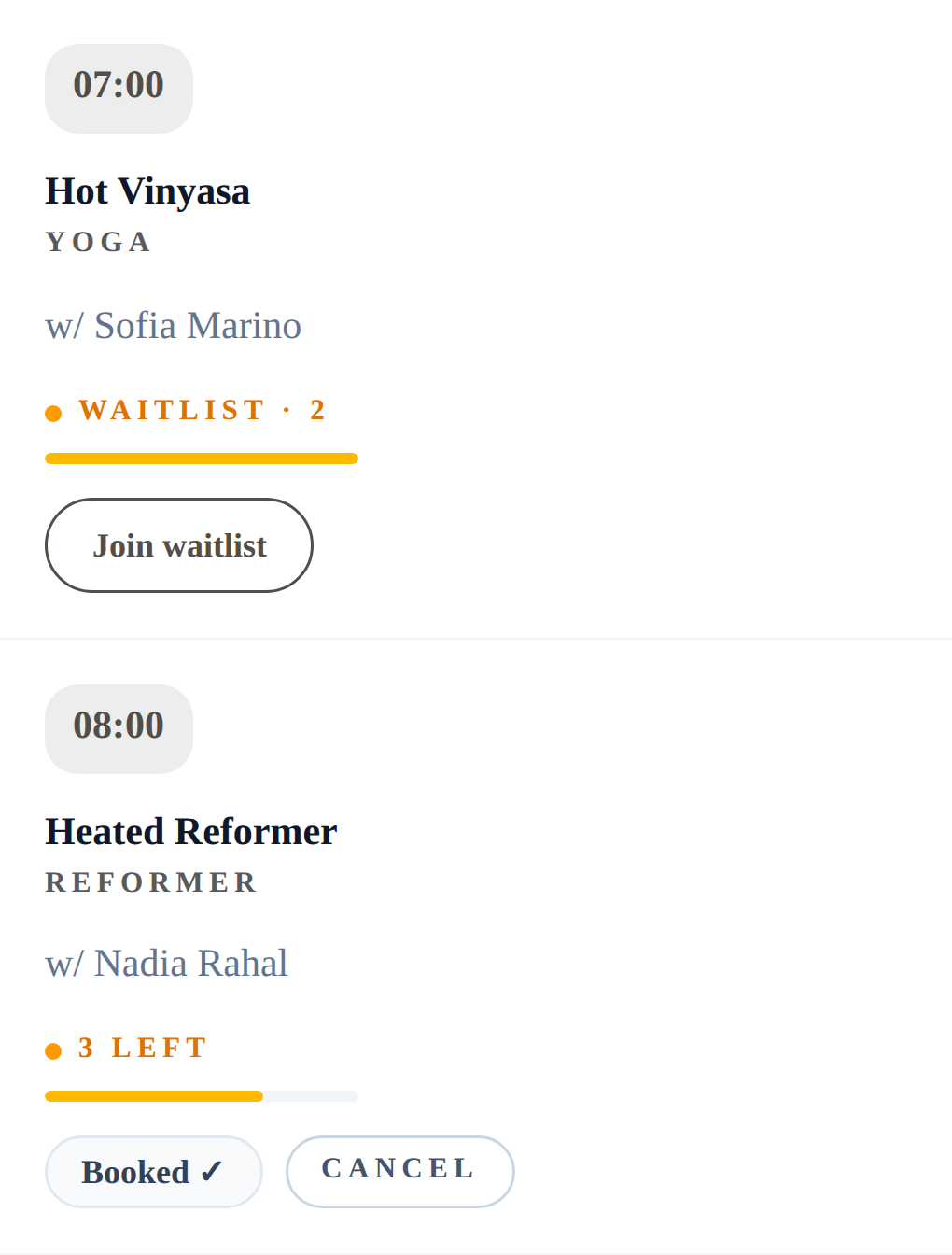 Two classes on the portal: a full Hot Vinyasa with two on the waitlist and a Join waitlist button, then a Heated Reformer the member has booked.
