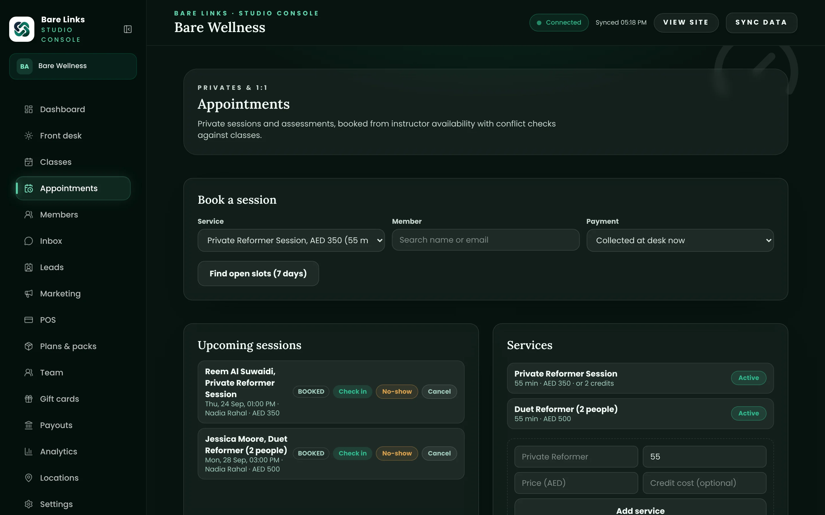 The appointments screen: booking a private reformer session for a member, the upcoming sessions with check-in and no-show controls, and the services on offer.