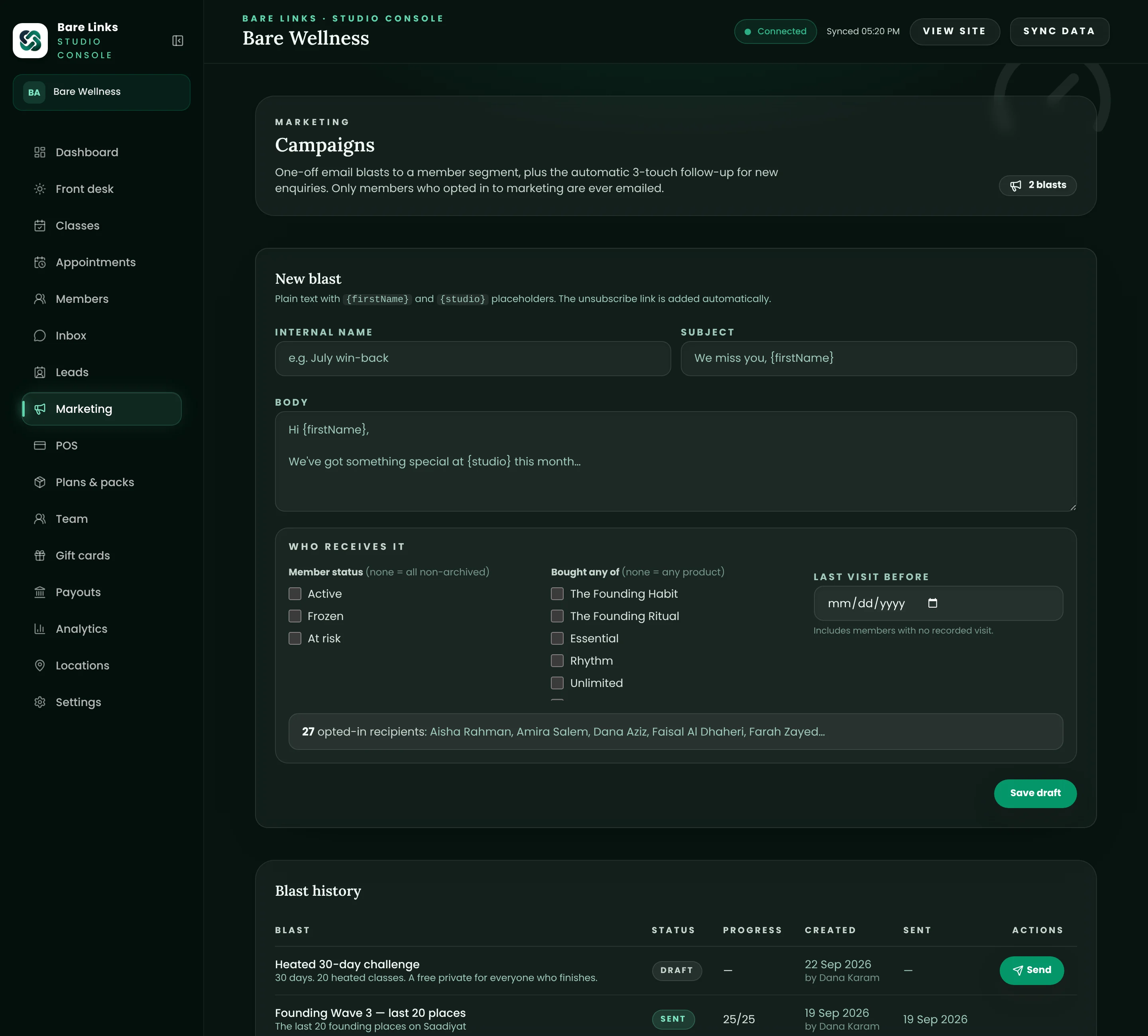 The campaigns screen: composing an email with the member's name and the studio as placeholders, choosing who receives it by status and purchase, and the count of members who opted in.
