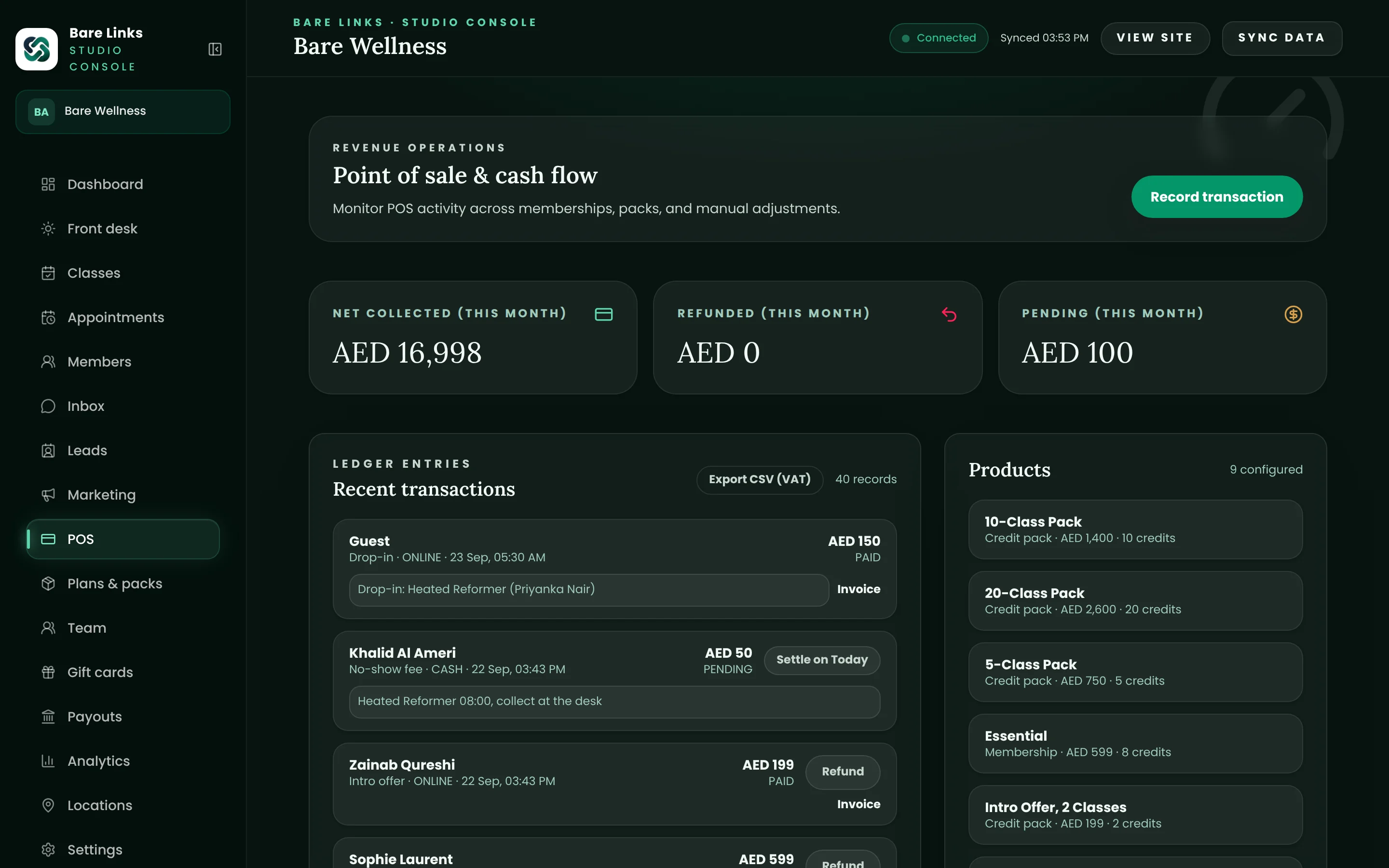 The point of sale screen: money collected this month, the ledger of recent payments with a tax invoice link on each, and the packs and memberships on sale.