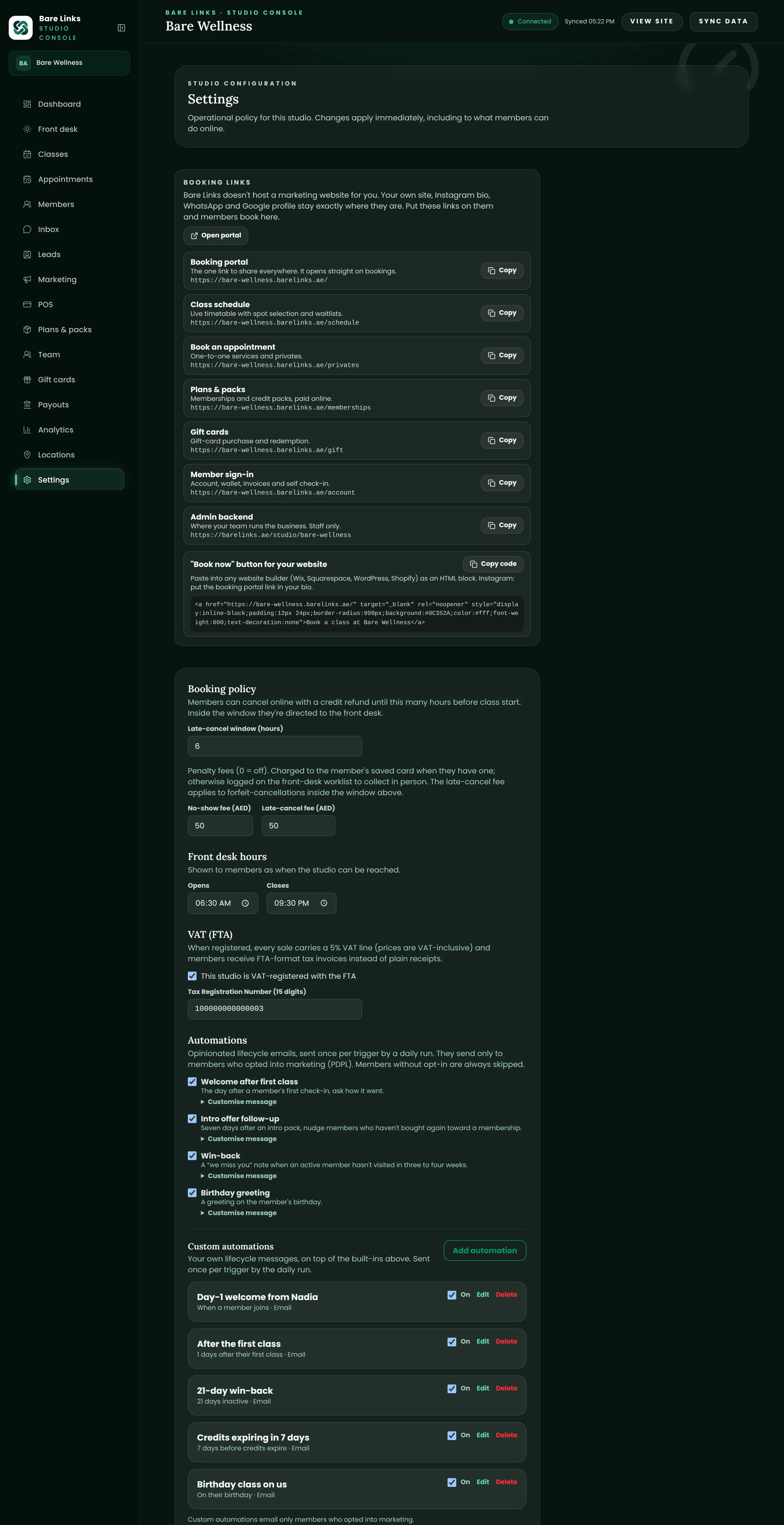 The settings screen: the studio's booking links to share, the late-cancel window and fees, VAT registration with the TRN, and the lifecycle automations that email members who opted in.