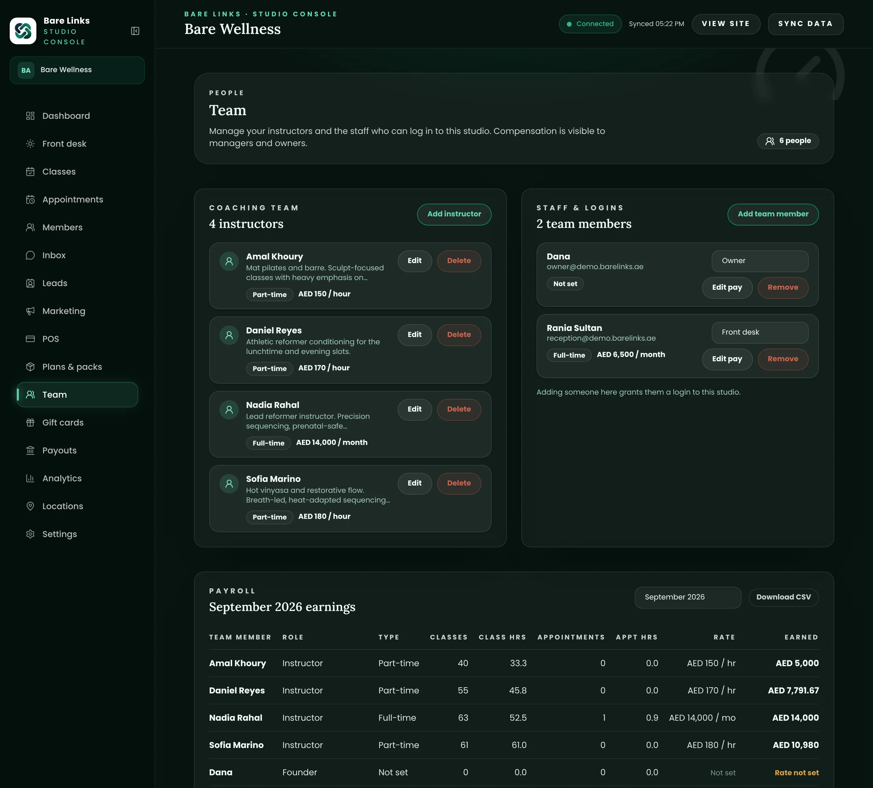 The team screen: instructors with their pay rates, staff logins with their roles, and the month's payroll with classes taught, hours and earnings per instructor.