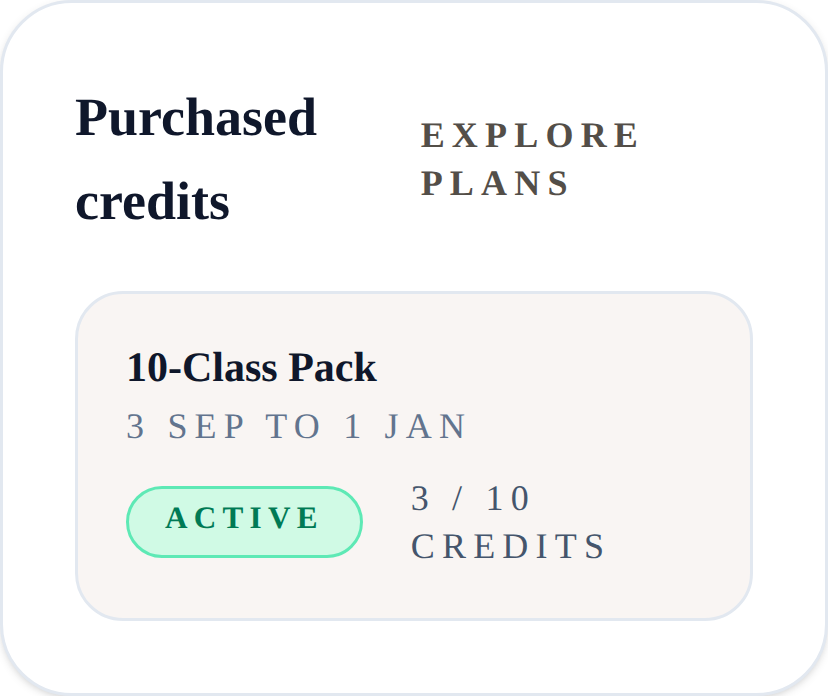 A member's purchased credits on the portal: a 10-class pack, active, 3 of 10 credits left.