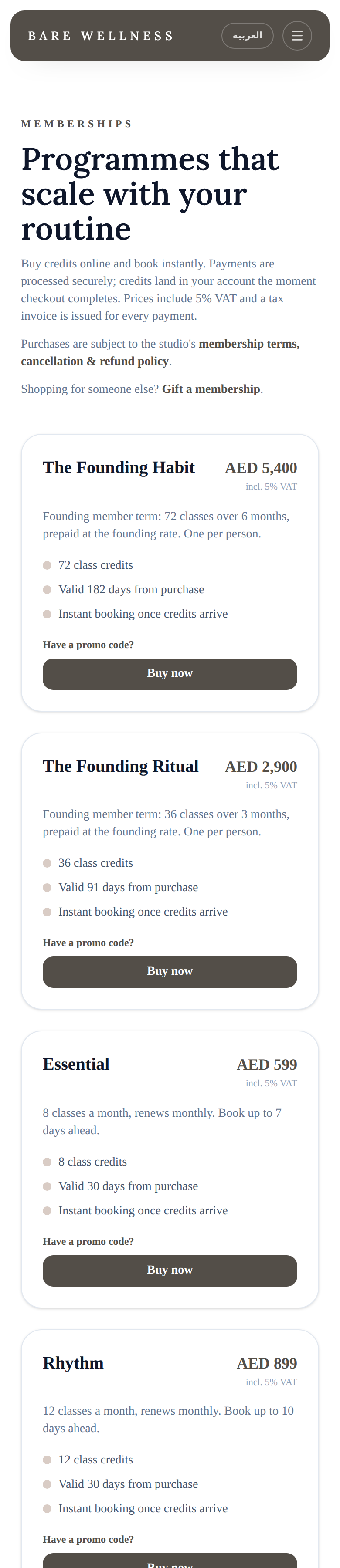 The memberships page of the portal: founding memberships and packs with prices including 5% VAT and a Buy now button.