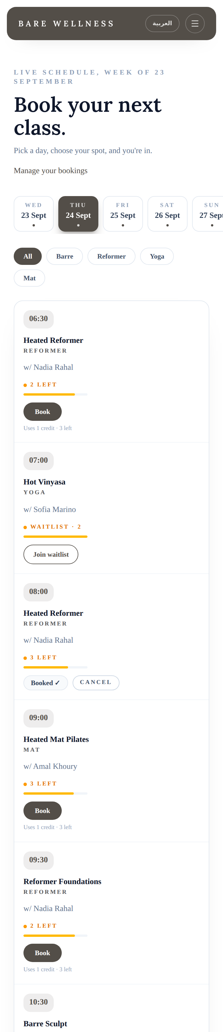 The member booking portal on a phone: tomorrow's classes with spots left, a waitlist, a booked class and a Book button on each.